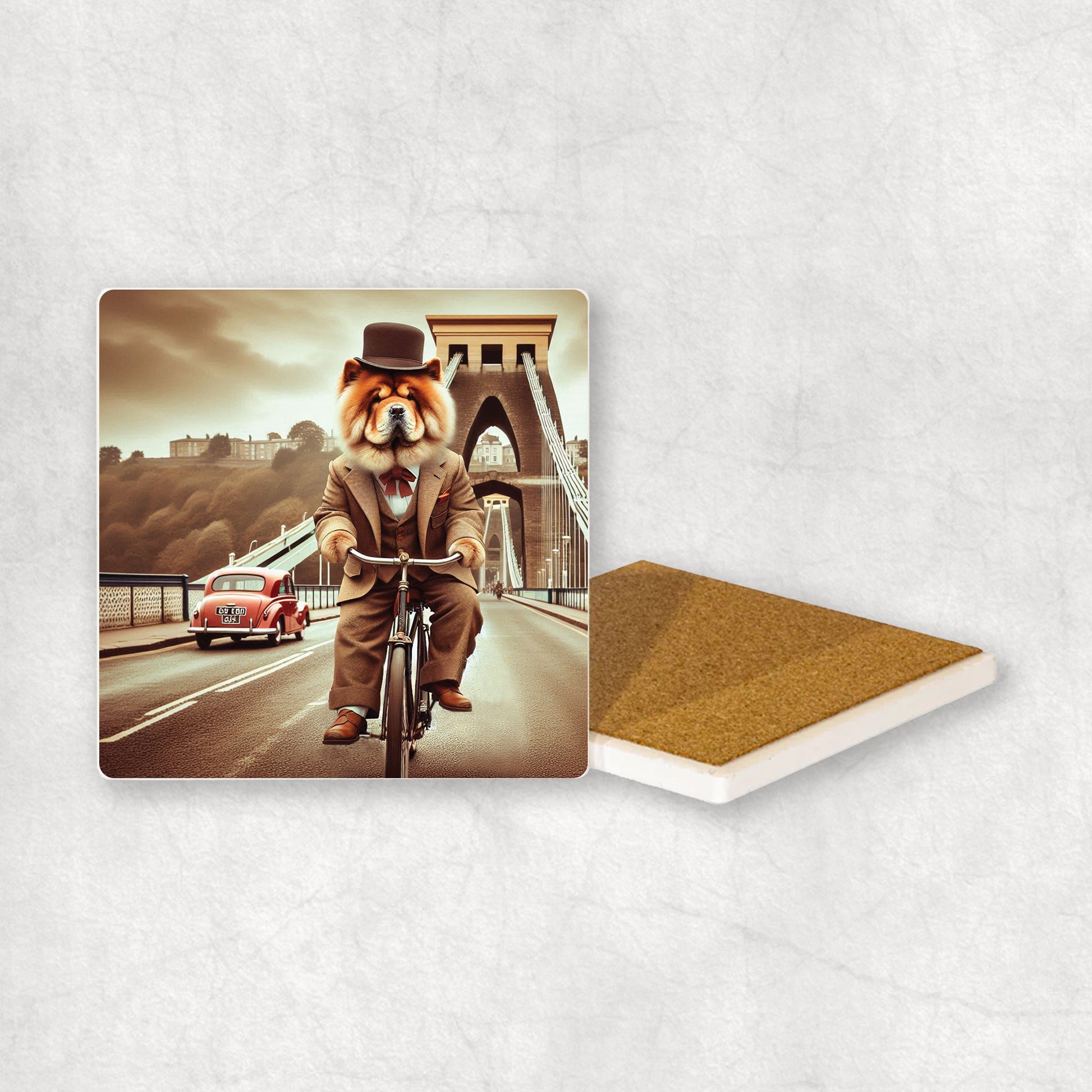 Ceramic coaster with a Chow Chow dog design, dressed in a suit, riding a bike on the Clifton Suspension Bridge.