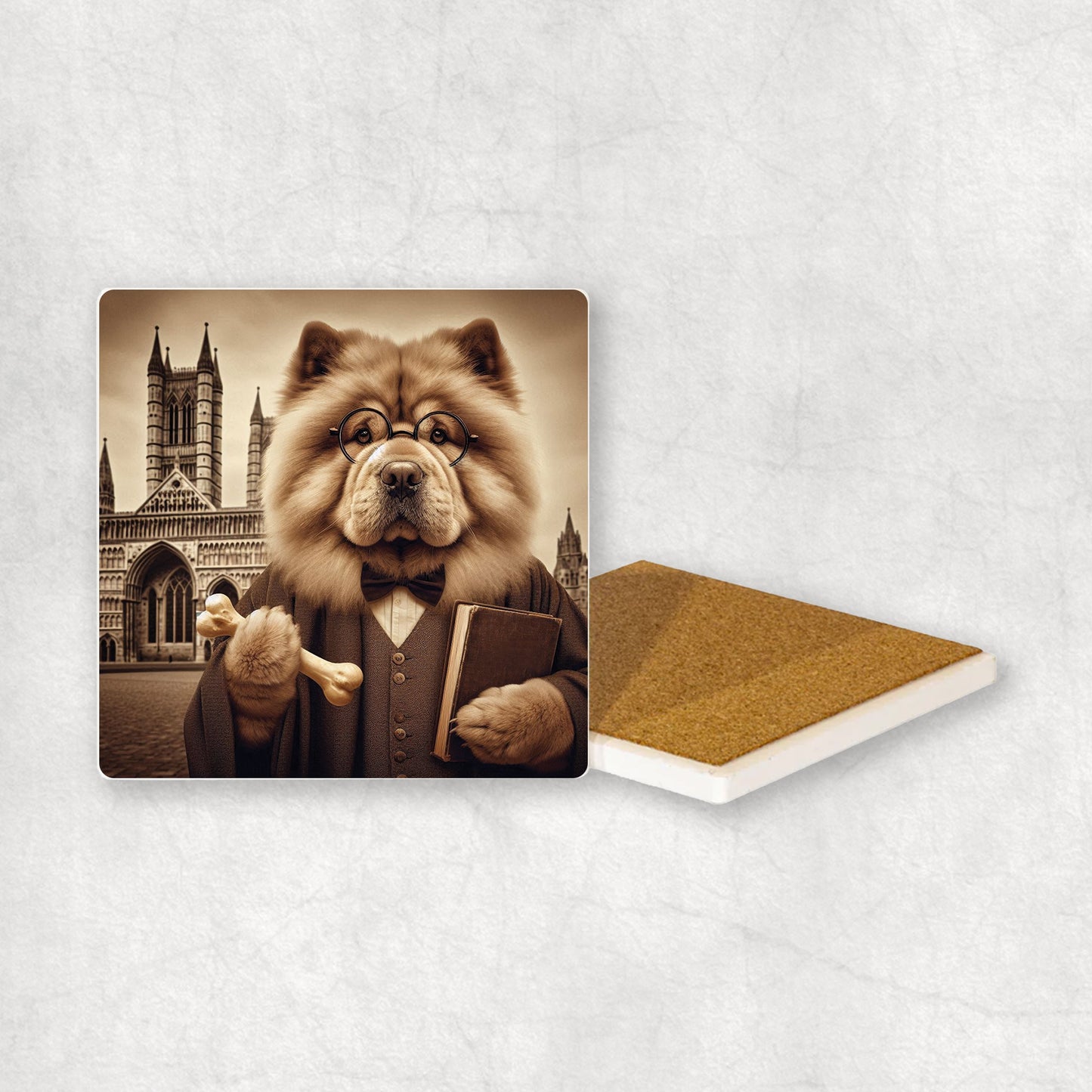 Ceramic Coaster gift with a Chow Chow dog design wearing a student's gown, glasses, holding a bone in its paw, with the university in the background.