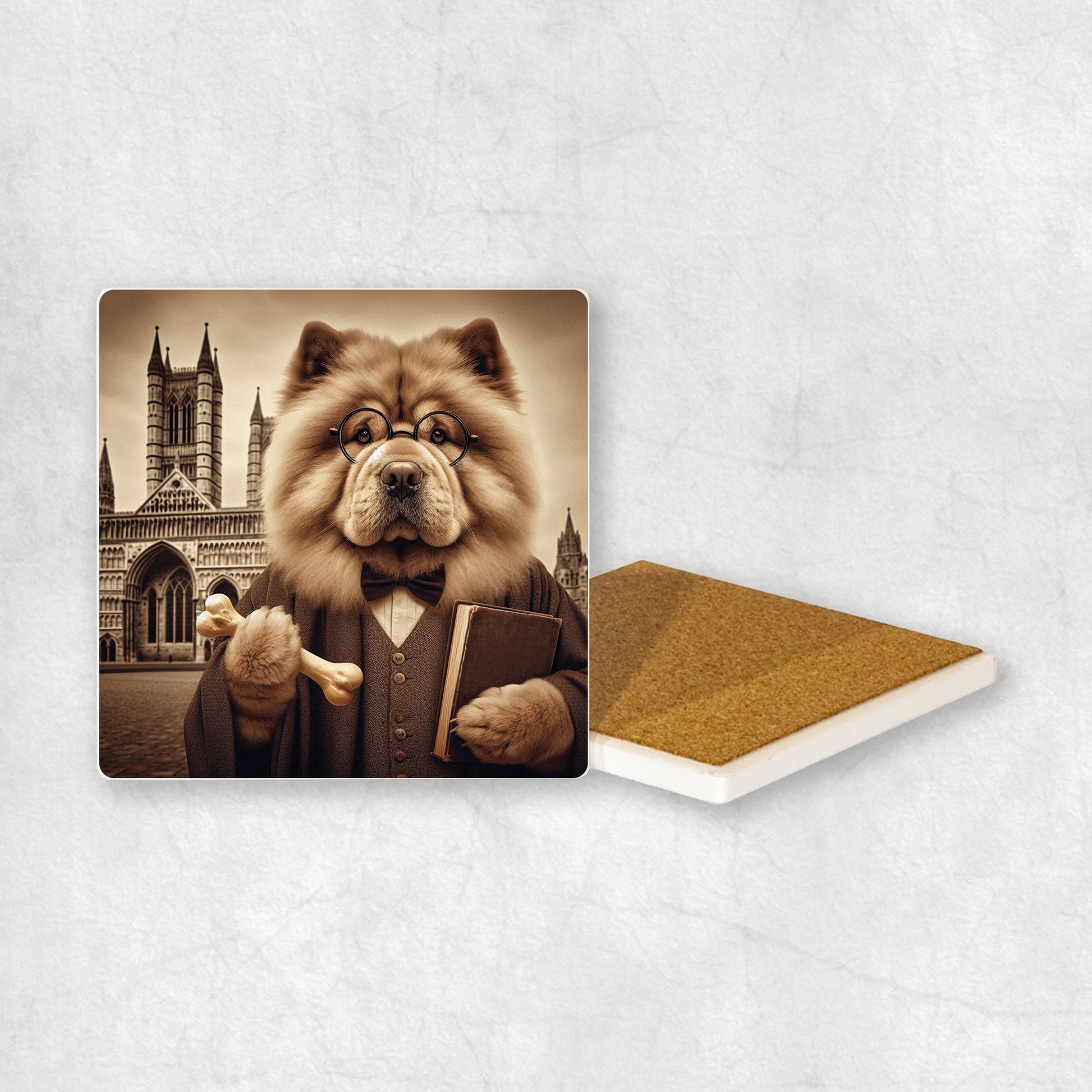 Ceramic Coaster gift with a Chow Chow dog design wearing a student's gown, glasses, holding a bone in its paw, with the university in the background.