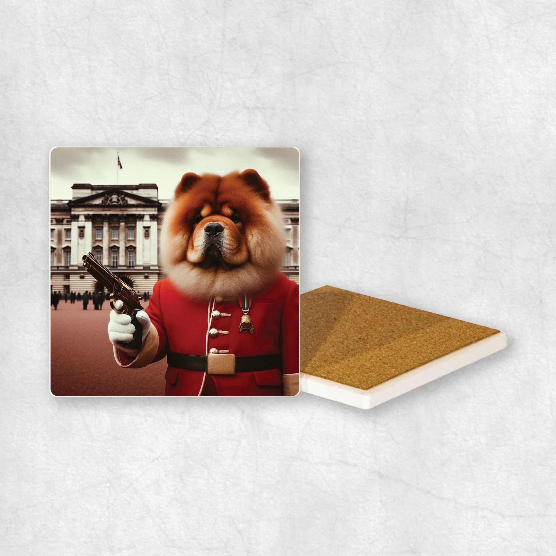 Ceramic Coaster gift with a Chow Chow dog design, wearing British guard costume with Buckingham Palace in the background. 
