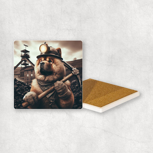 Ceramic Coaster gift with a Chow Chow dog design, dressed like a miner with a pickaxe in its paws, with a mine in the background.