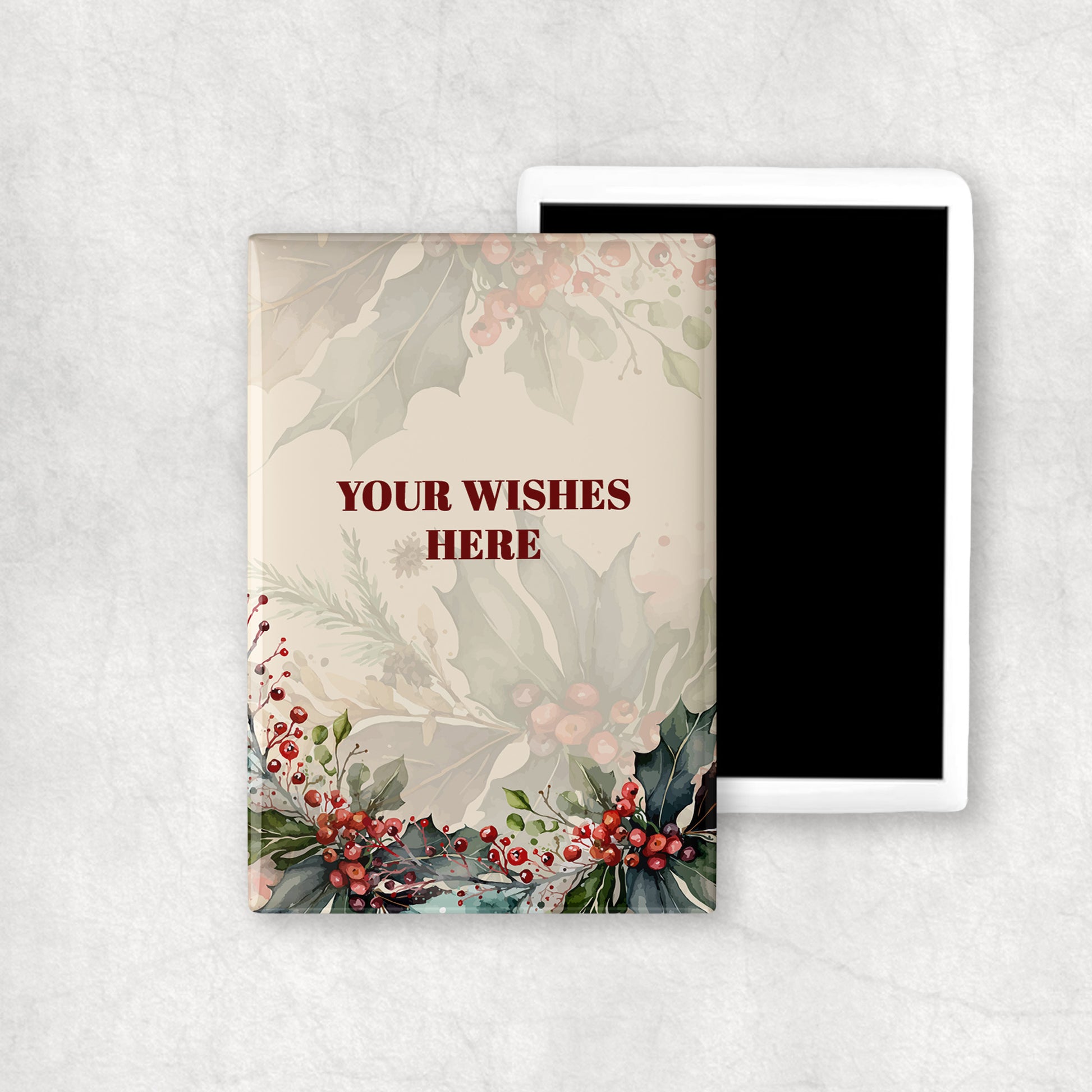 Personalised ceramic magnet with holiday wishes and a floral Christmas design.