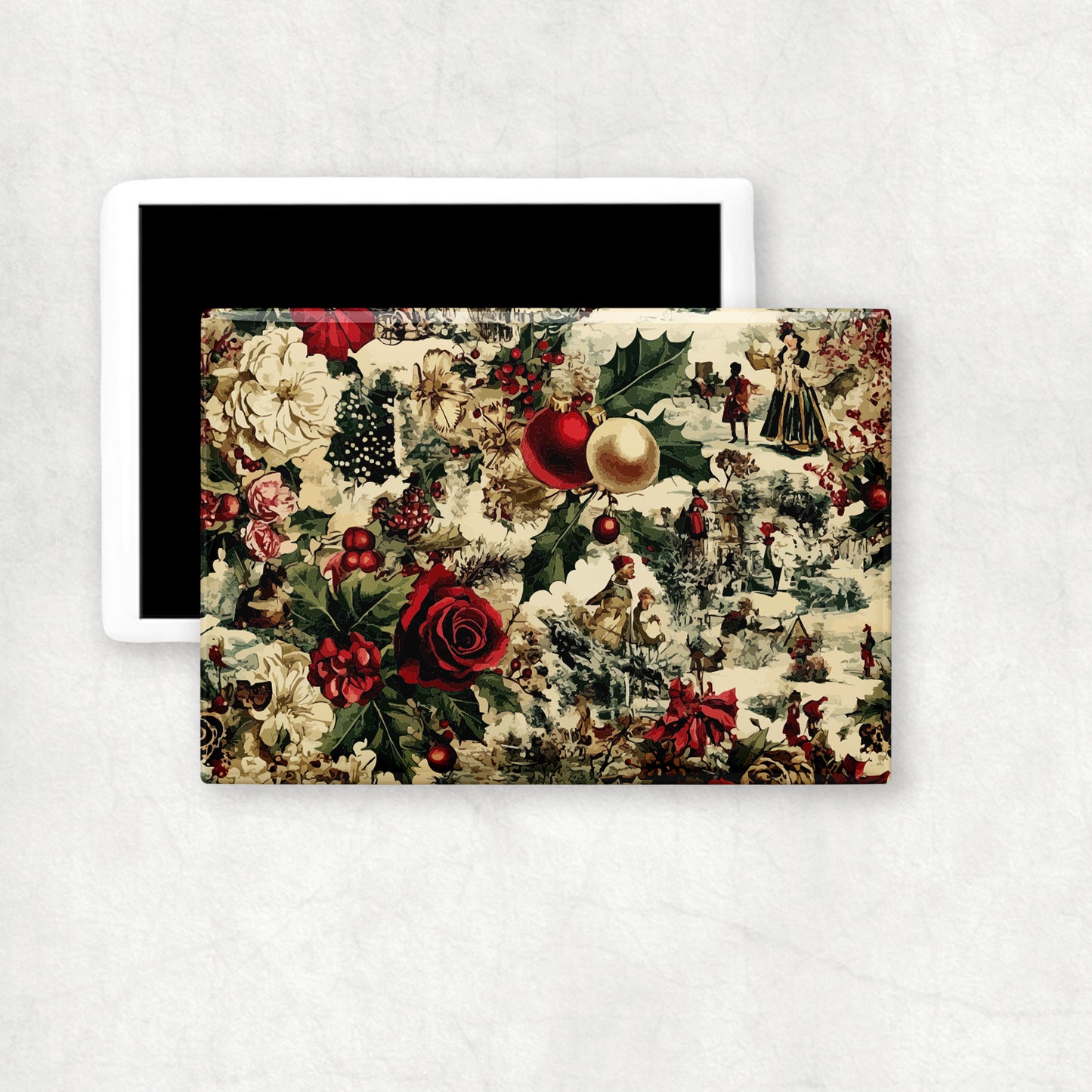 Vintage-style Christmas ceramic magnet with floral and decorative elements on a white background.