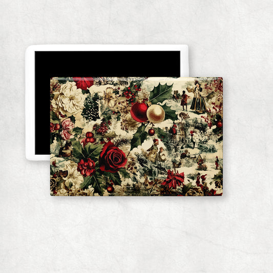 Vintage-style Christmas ceramic magnet with floral and decorative elements on a white background.