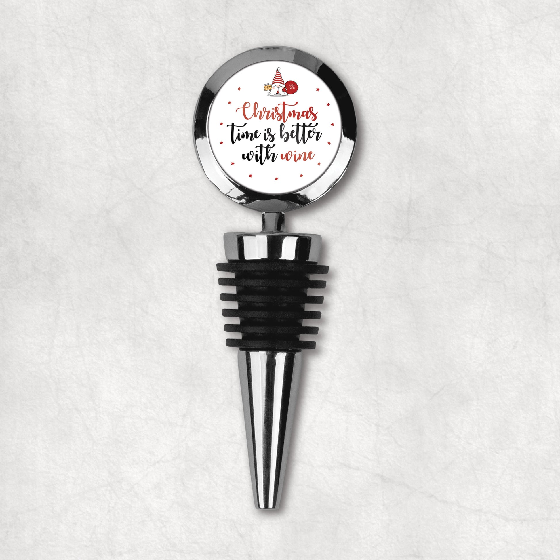 Christmas wine bottle stopper with funny quote 'Christmas time is better with wine' and Christmas gnome. 