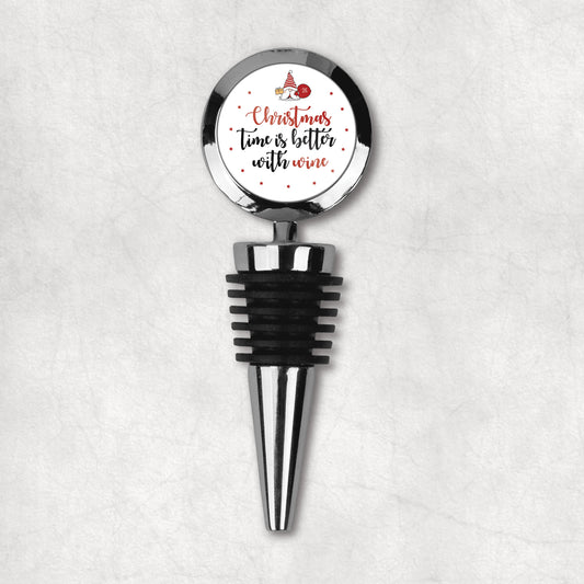 Christmas wine bottle stopper with funny quote 'Christmas time is better with wine' and Christmas gnome. 