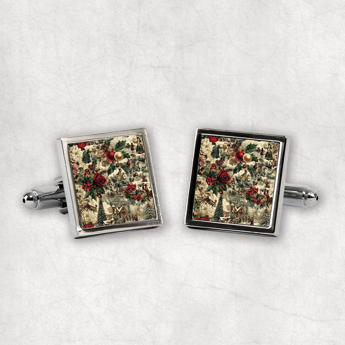 Square silver cufflinks with floral design on a light christmas background