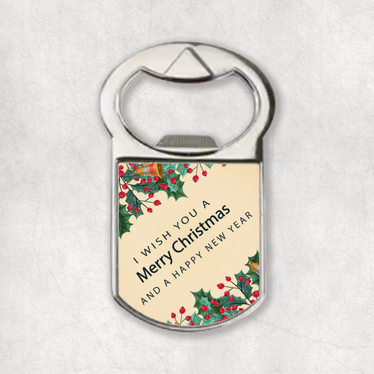 Bottle opener magmet with Christmas wishe sdesign. 