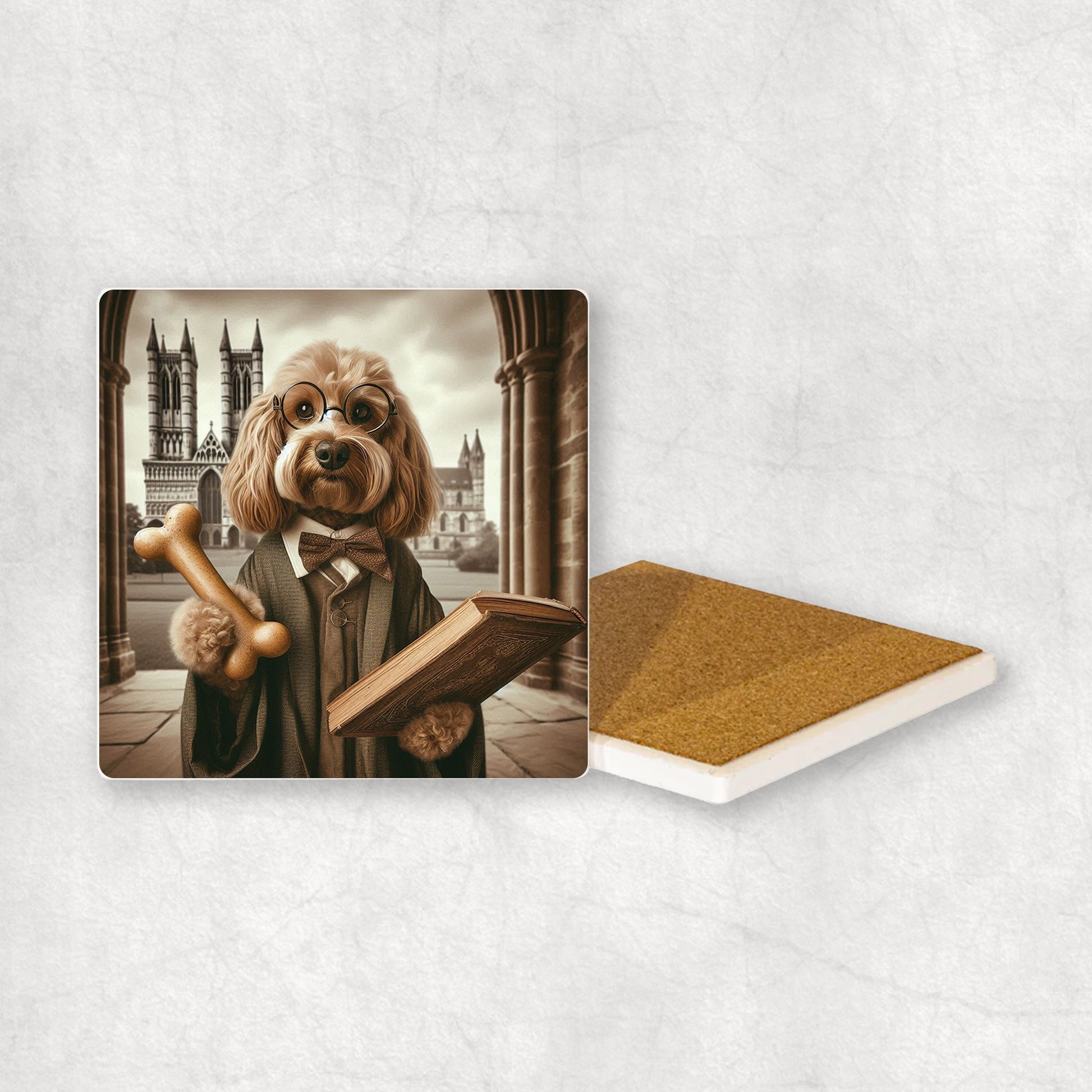 Ceramic Coaster gift with a Cockapoo dog design wearing a student's gown, glasses, holding a bone in its paw, with the university in the background.