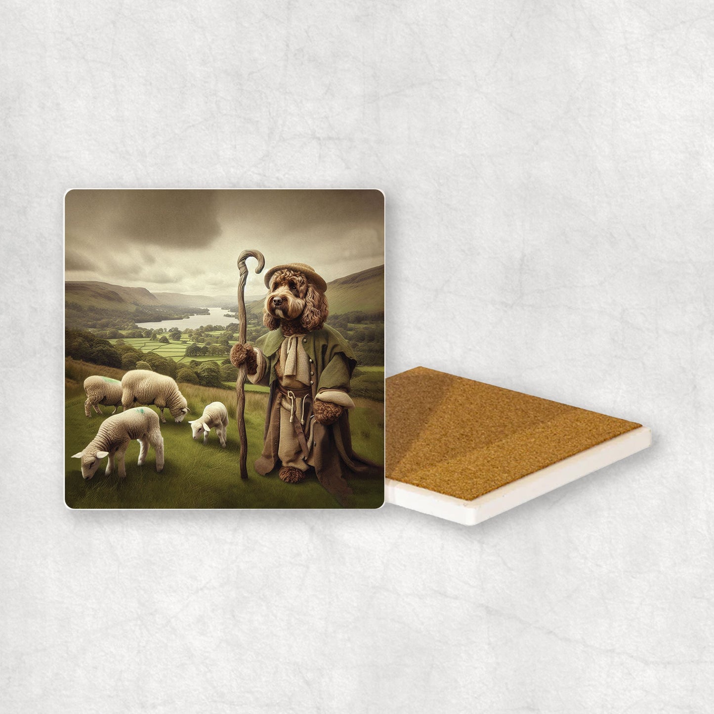 Ceramic Coaster gift with a Cockapoo dog design, looking like a shepherd, with sheep and the Lake District in the background.