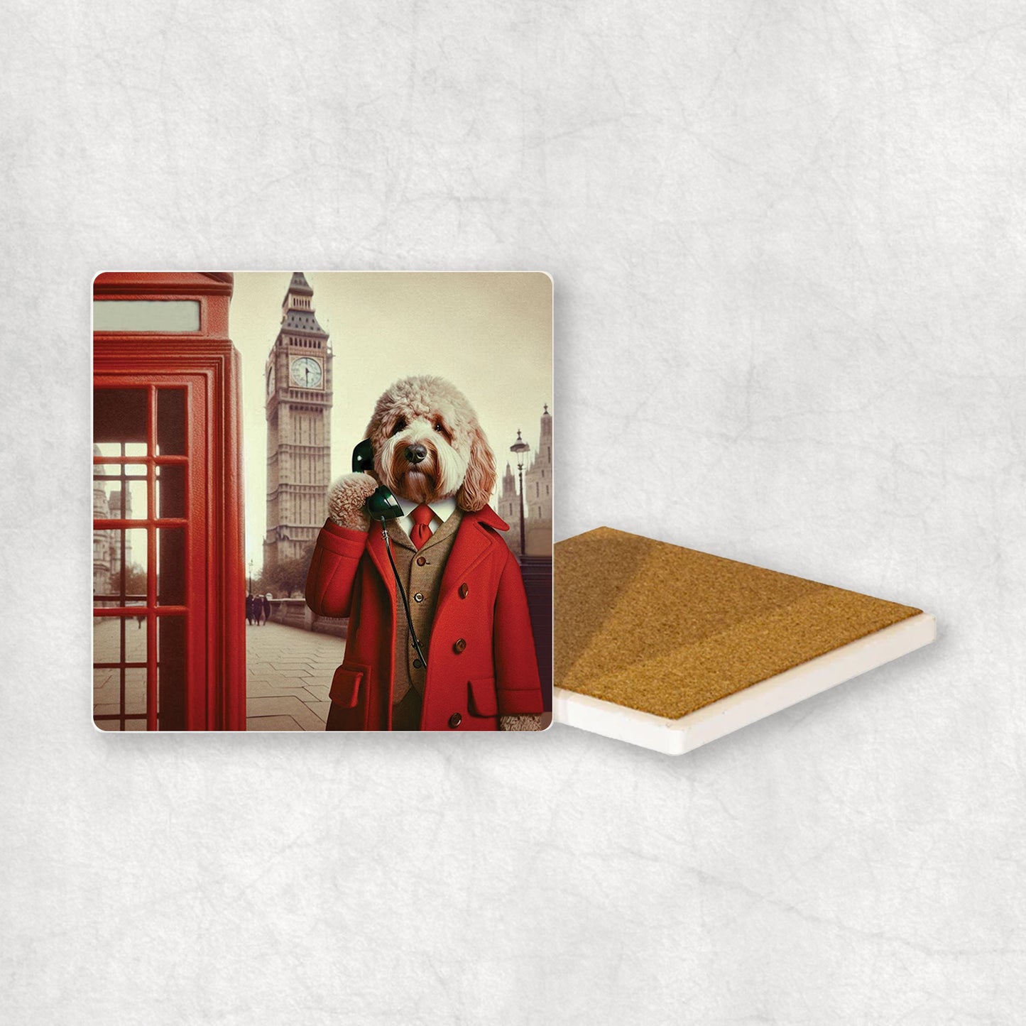 Ceramic coaster gift with a Cockapoo dog design, wearing a suit and red coat, talks on the telephone in a red telephone booth in London with Big Ben in the background. 
