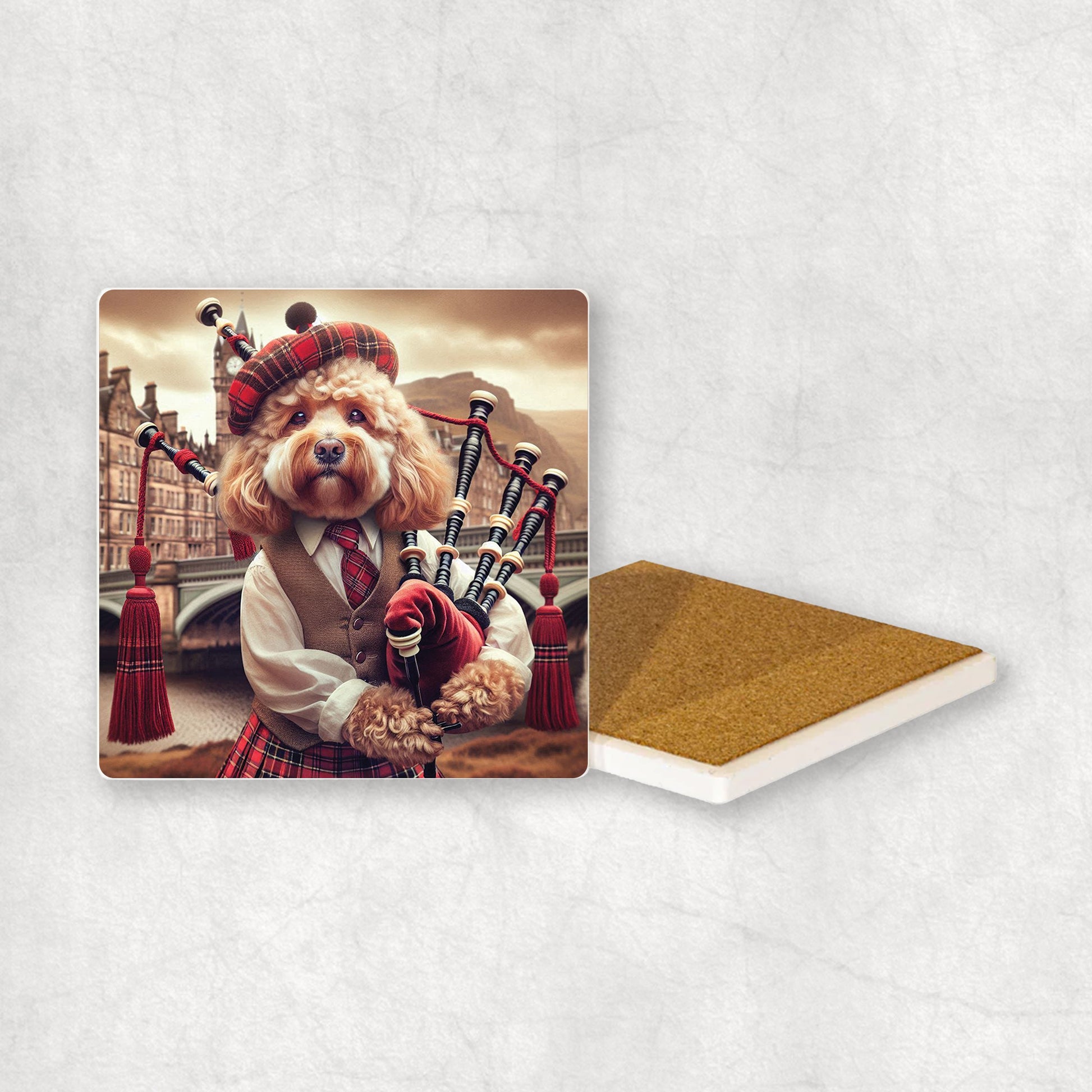 Ceramic Coaster gift with a Cockapoo dog design, dressed in traditional Scottish costume, playing the bagpipes, with Edinburgh in the background. 