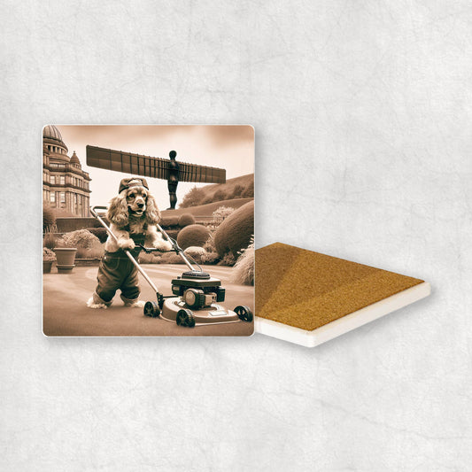 Ceramic coaster with a Cocker Spaniel dog design, dressed as a gardener, mowing the grass with a lawnmower, with the Angel of the North in the background.