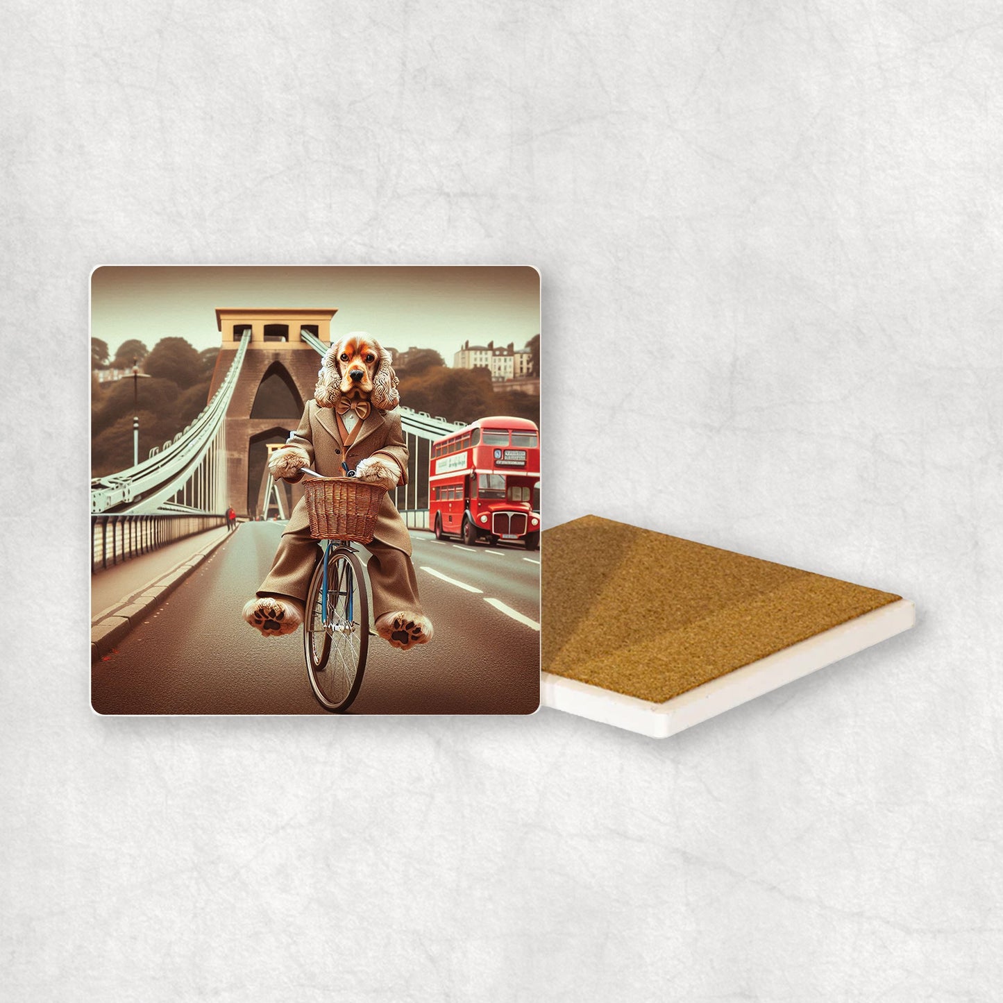 Ceramic coaster with a Cocker Spaniel dog design, dressed in a suit, riding a bike on the Clifton Suspension Bridge.