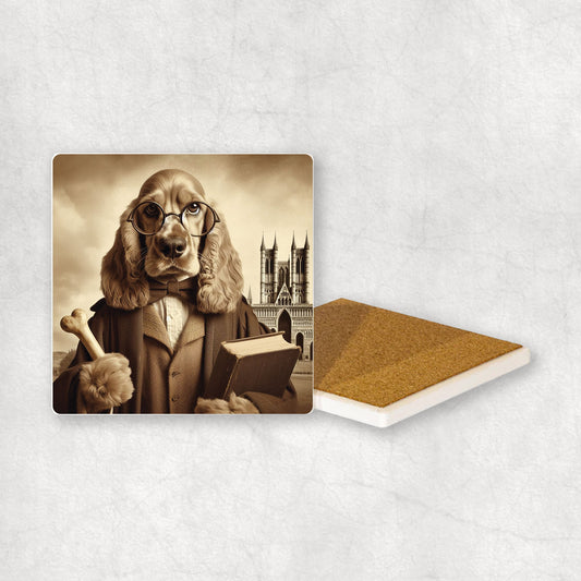 Ceramic Coaster gift with a Cocker Spaniel dog design wearing a student's gown, glasses, holding a bone in its paw, with the university in the background.