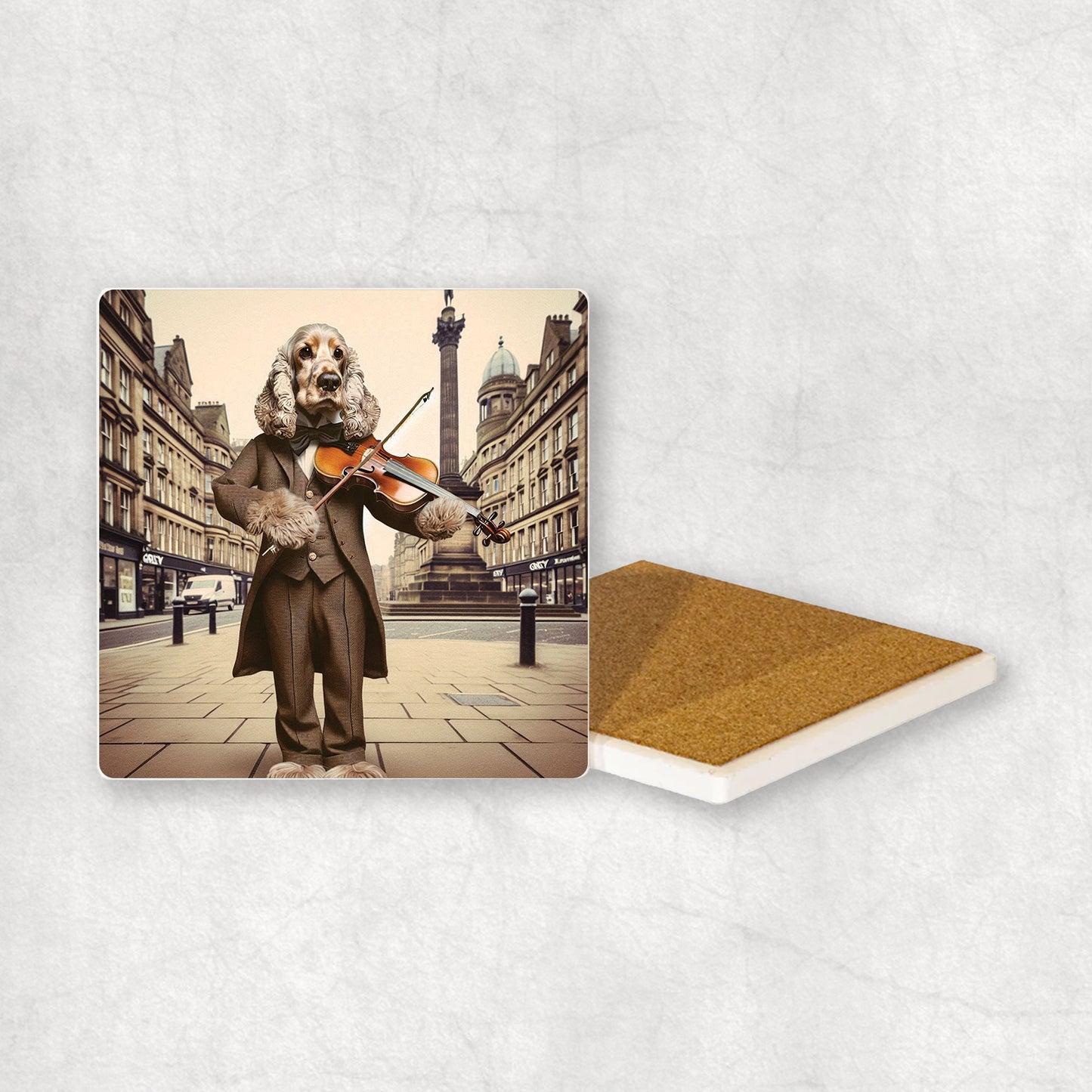 Ceramic coaster gift with a Cocker Spaniel dog design, wearing a suit, playing the violin, with a beautiful city centre in the background.