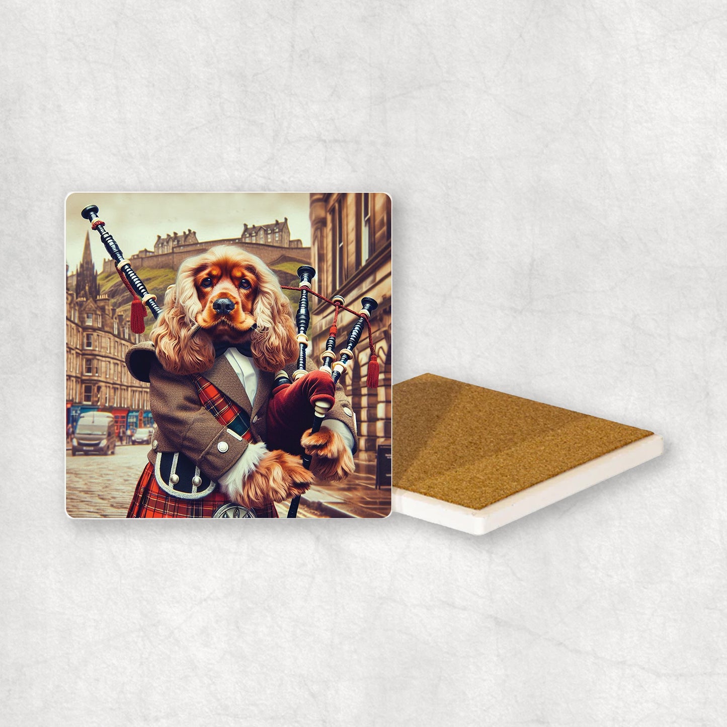 Ceramic Coaster gift with a Cocker Spaniel dog design, dressed in traditional Scottish costume, playing the bagpipes, with Edinburgh in the background. 