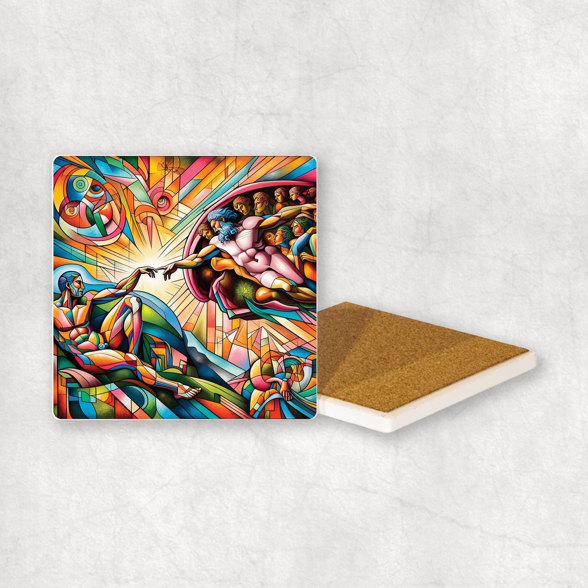 Art-themed ceramic coaster with a colorful Creation of Adam style design, an original gift for any occasion