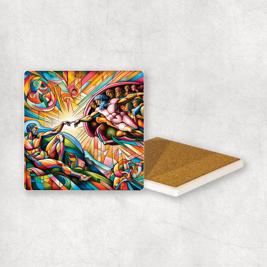 Art-themed ceramic coaster with a colorful Creation of Adam style design, an original gift for any occasion