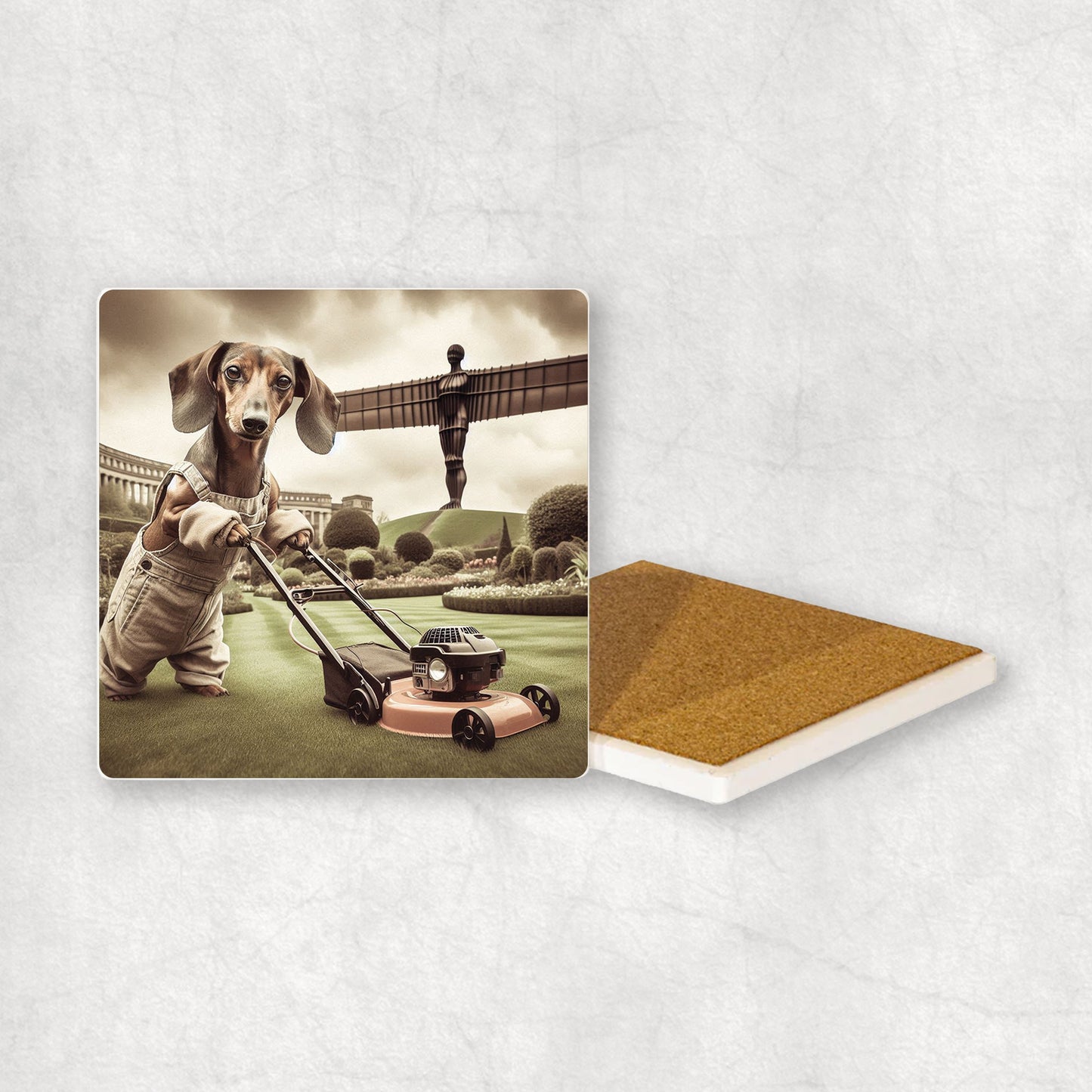 Ceramic coaster with a Dachshund dog design, dressed as a gardener, mowing the grass with a lawnmower, with the Angel of the North in the background.