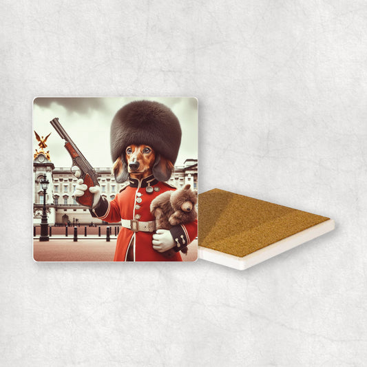 Ceramic Coaster gift with a Dachshund dog design, wearing British guard costume and holding a gun and teddy bear in his paws, with Buckingham Palace in the background. 