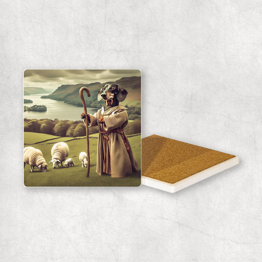 Ceramic Coaster gift with a Dachshund dog design, looking like a shepherd, with sheep and the Lake District in the background.