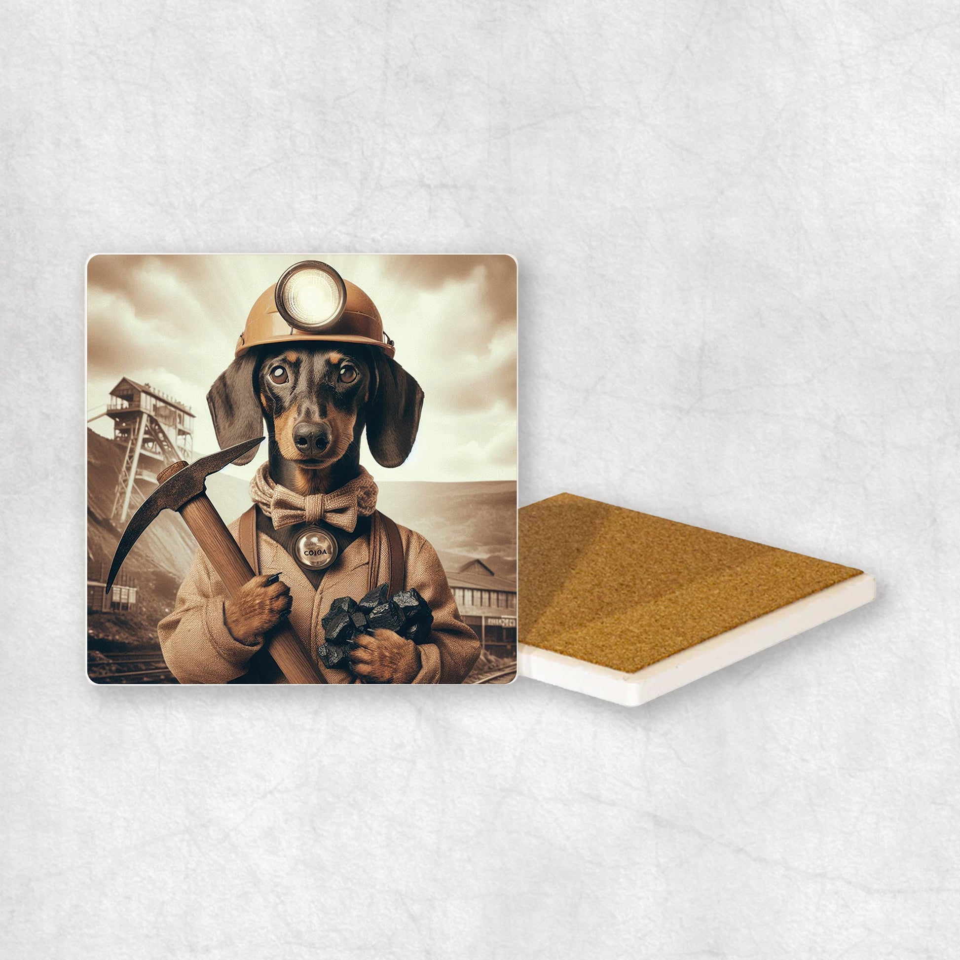Ceramic Coaster gift with a Dachshund dog design, dressed like a miner with a pickaxe and coal in its paws, with a mine in the background.