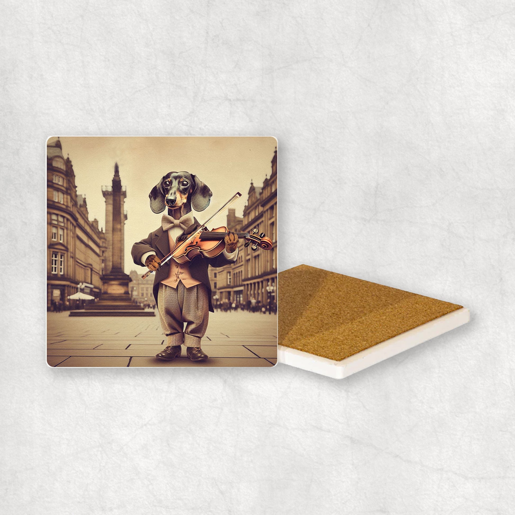 Ceramic coaster gift with a Dachshund dog design, wearing a suit, playing the violin, with a beautiful city centre in the background.