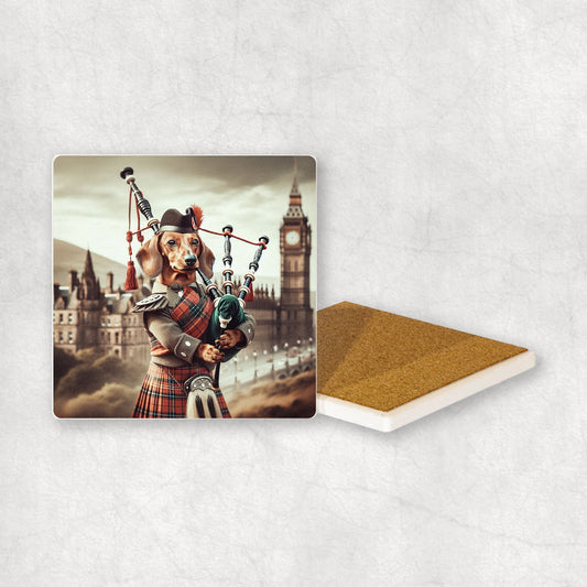 Ceramic Coaster gift with a Dachshund dog design, dressed in traditional Scottish costume, playing the bagpipes, with Edinburgh in the background. 