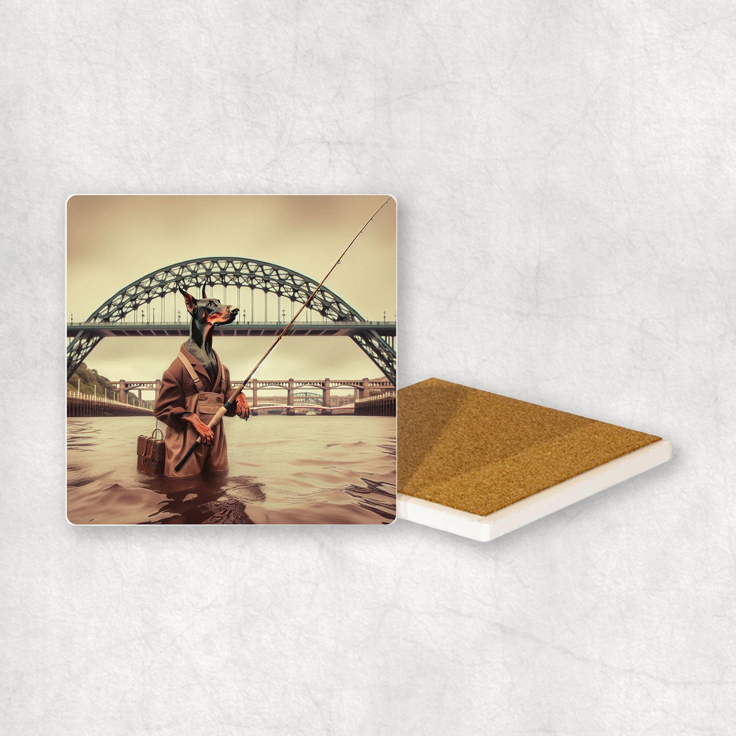 Ceramic Coaster gift with a Dobermann dog design, dressed in an Angler costume, fishing in the Tyne river, with Newcastle bridges in the background.