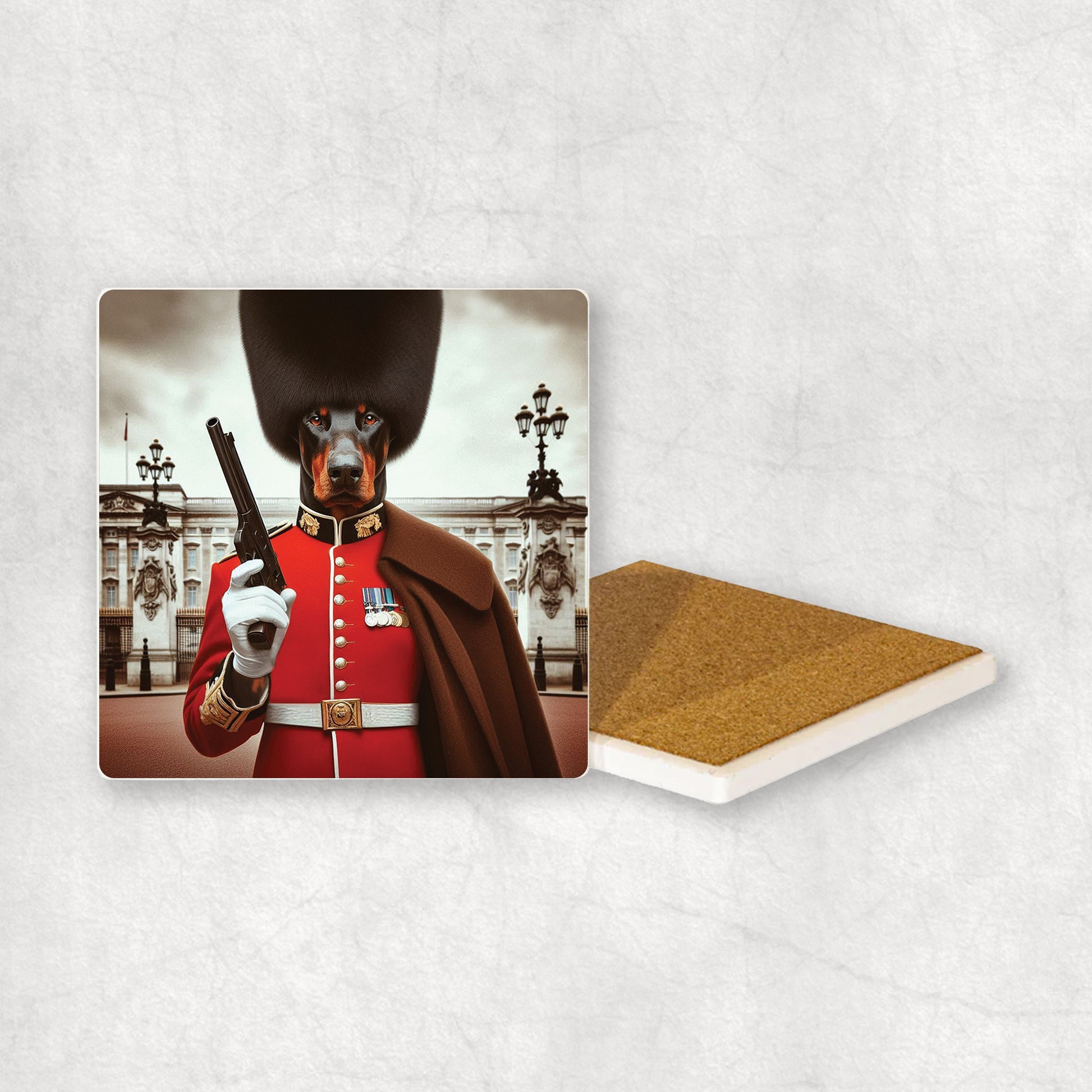 Ceramic Coaster gift with a Dobermann dog design, wearing British guard costume and holding a gun in its paw, with Buckingham Palace in the background. 