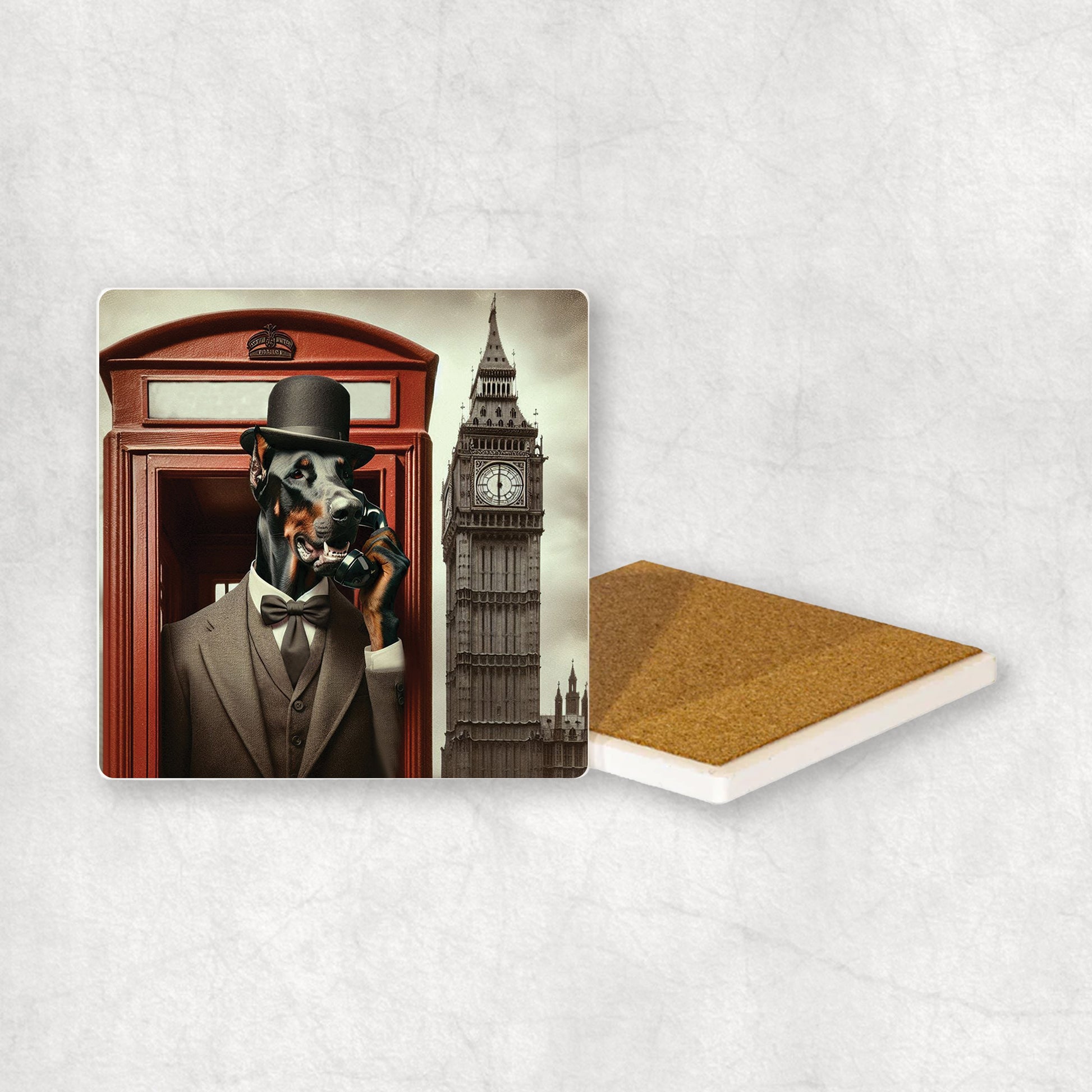 Ceramic coaster gift with a Dobermann dog design, wearing a suit and a hat, talks on the phone in a red telephone booth in London with Big Ben in the background. 