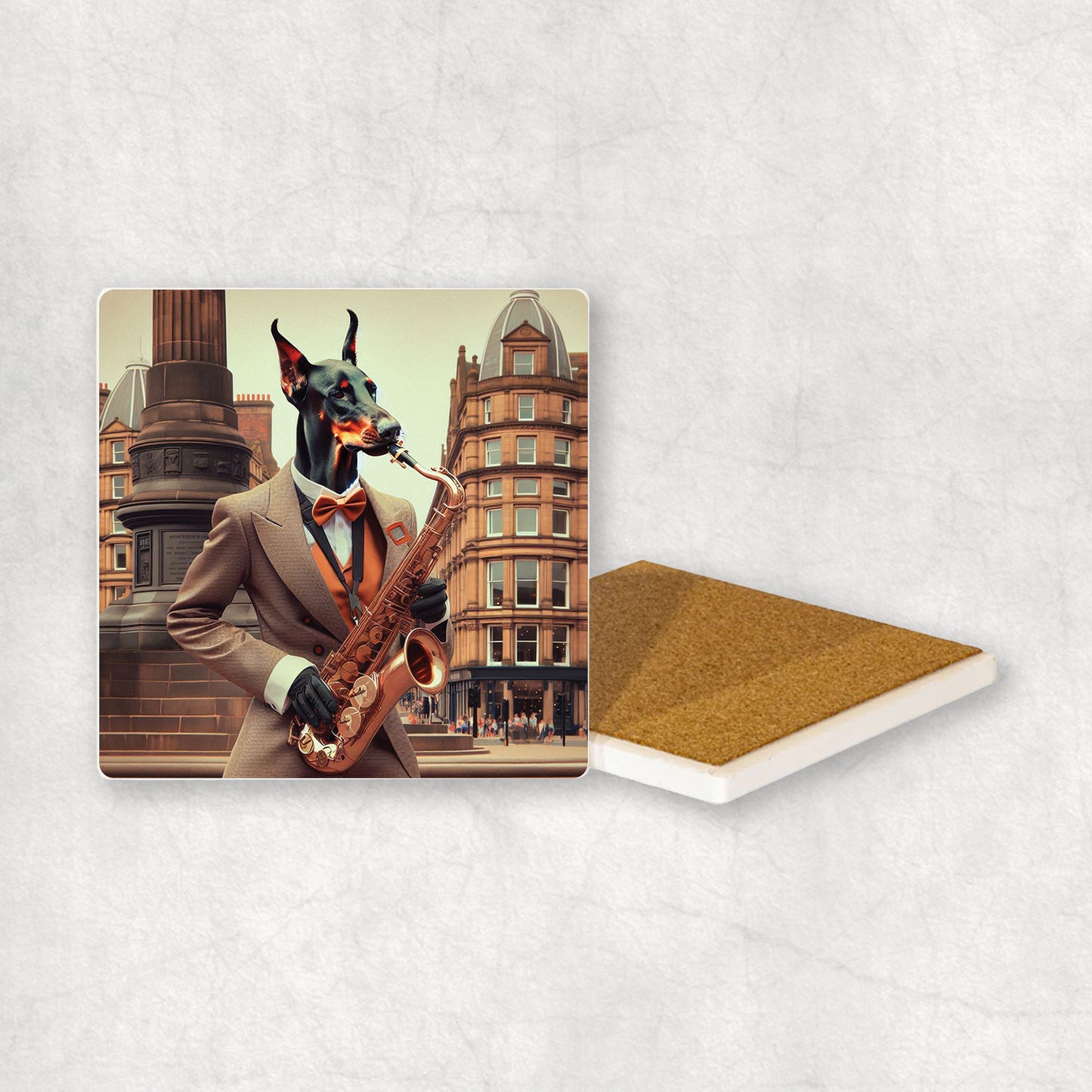 Ceramic Coaster gift with a Dobermann dog design, dressed in an elegant suit, playing the saxophone, with a beautiful city centre in the background.