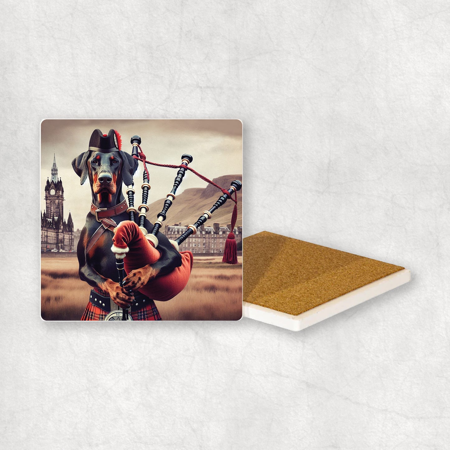 Ceramic Coaster gift with a Dobermann dog design, dressed in traditional Scottish costume, playing the bagpipes, with Edinburgh in the background. 