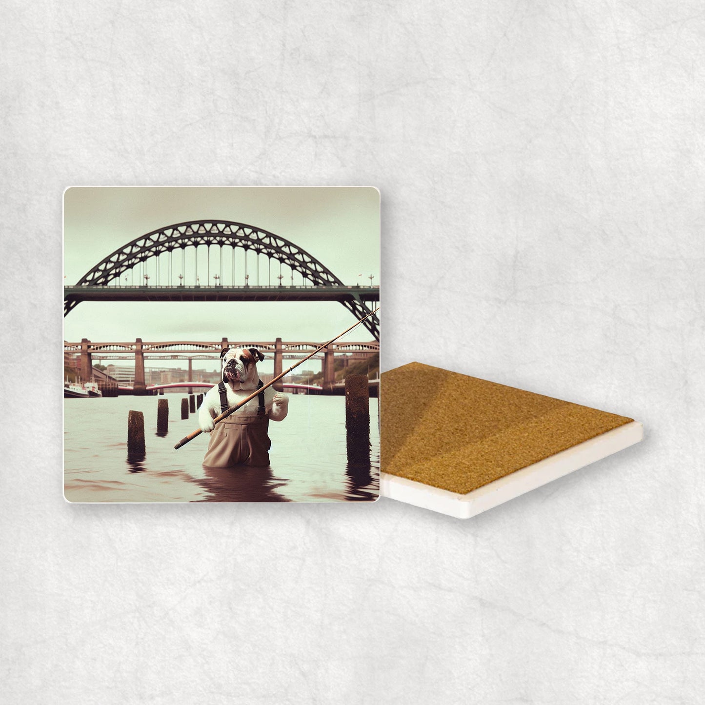Ceramic Coaster gift with a English Bulldog dog design, dressed in an Angler costume, fishing in the Tyne river, with Newcastle bridges in the background.