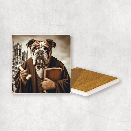Ceramic Coaster gift with a English Bulldog dog design wearing a student's gown, glasses, holding a bone and a book in its paws, with the university in the background.