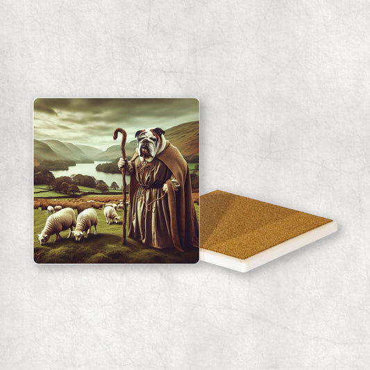 Ceramic Coaster gift with a English Bulldog dog design, looking like a shepherd, with sheep and the Lake District in the background