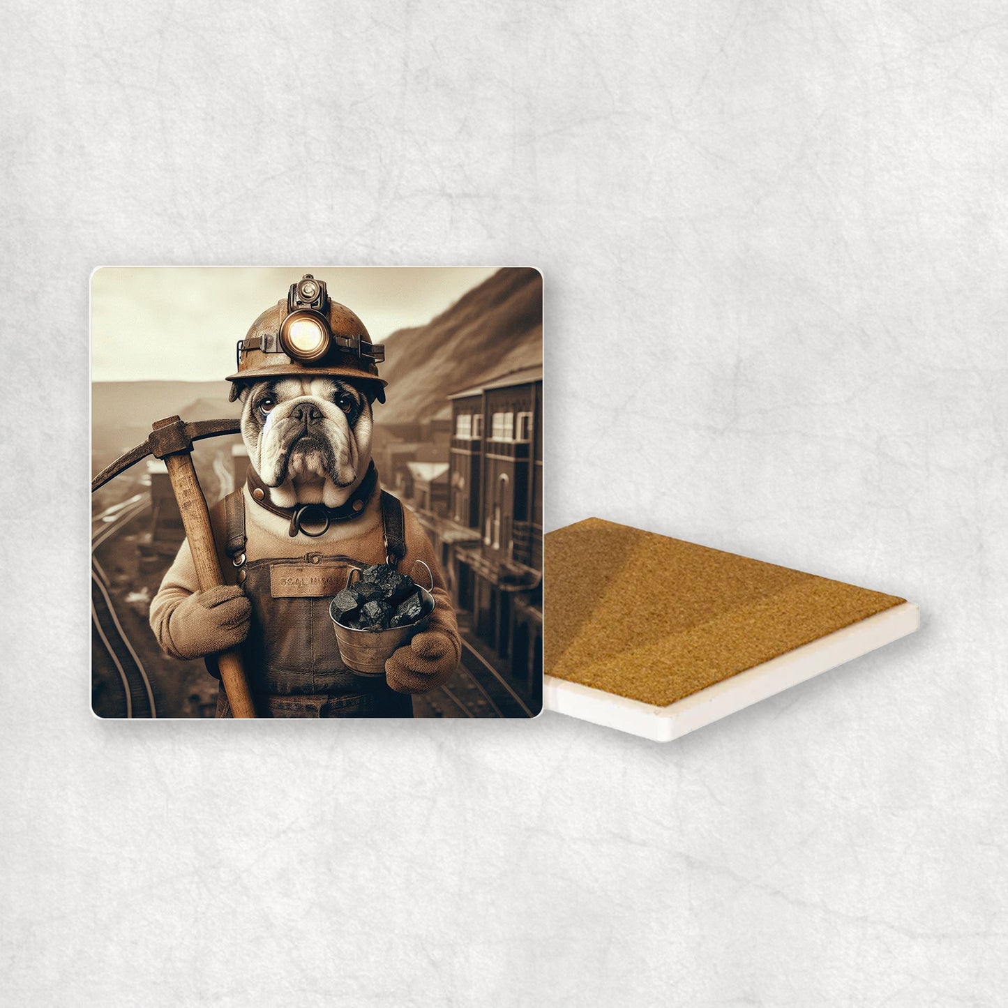 Ceramic Coaster gift with a English Bulldog dog design, dressed like a miner with a pickaxe and coal in its paws, with a mine in the background.