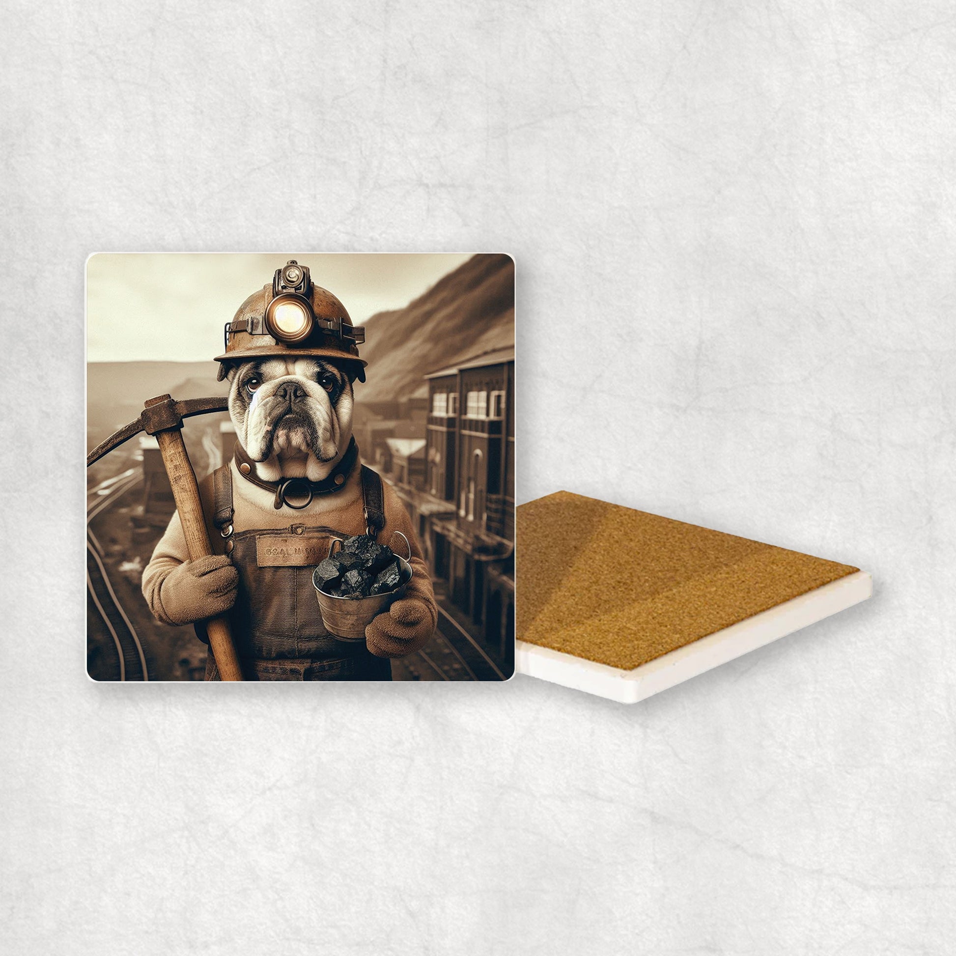 Ceramic Coaster gift with a English Bulldog dog design, dressed like a miner with a pickaxe and coal in its paws, with a mine in the background.