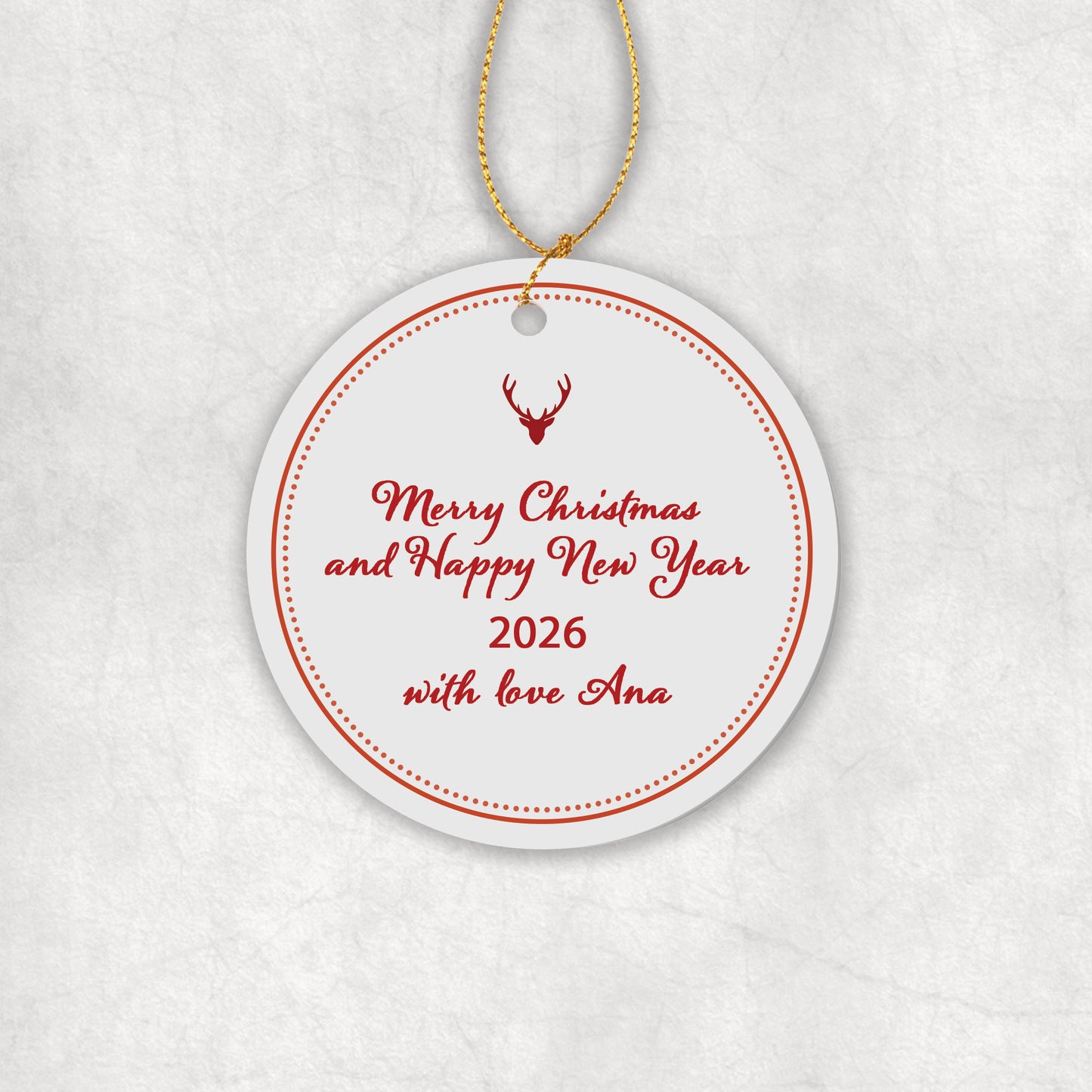 Festice 'Merry Christmas' ceramic ornament with Christmas greetings and a custom name, on a light background. 