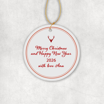 Festice 'Merry Christmas' ceramic ornament with Christmas greetings and a custom name, on a light background. 
