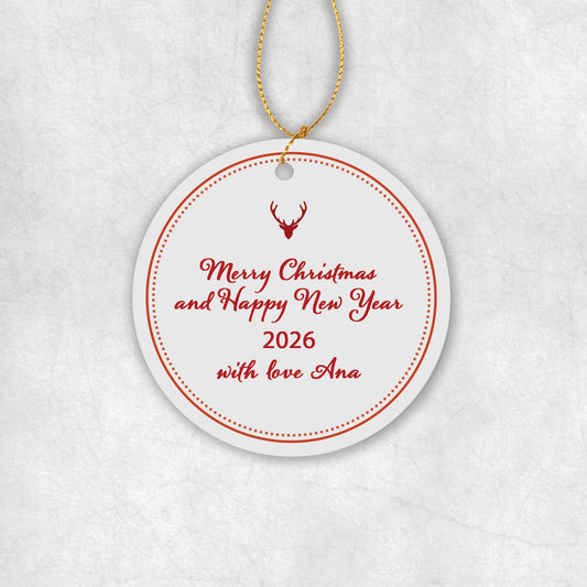 Festice 'Merry Christmas' ceramic ornament with Christmas greetings and a custom name, on a light background. 