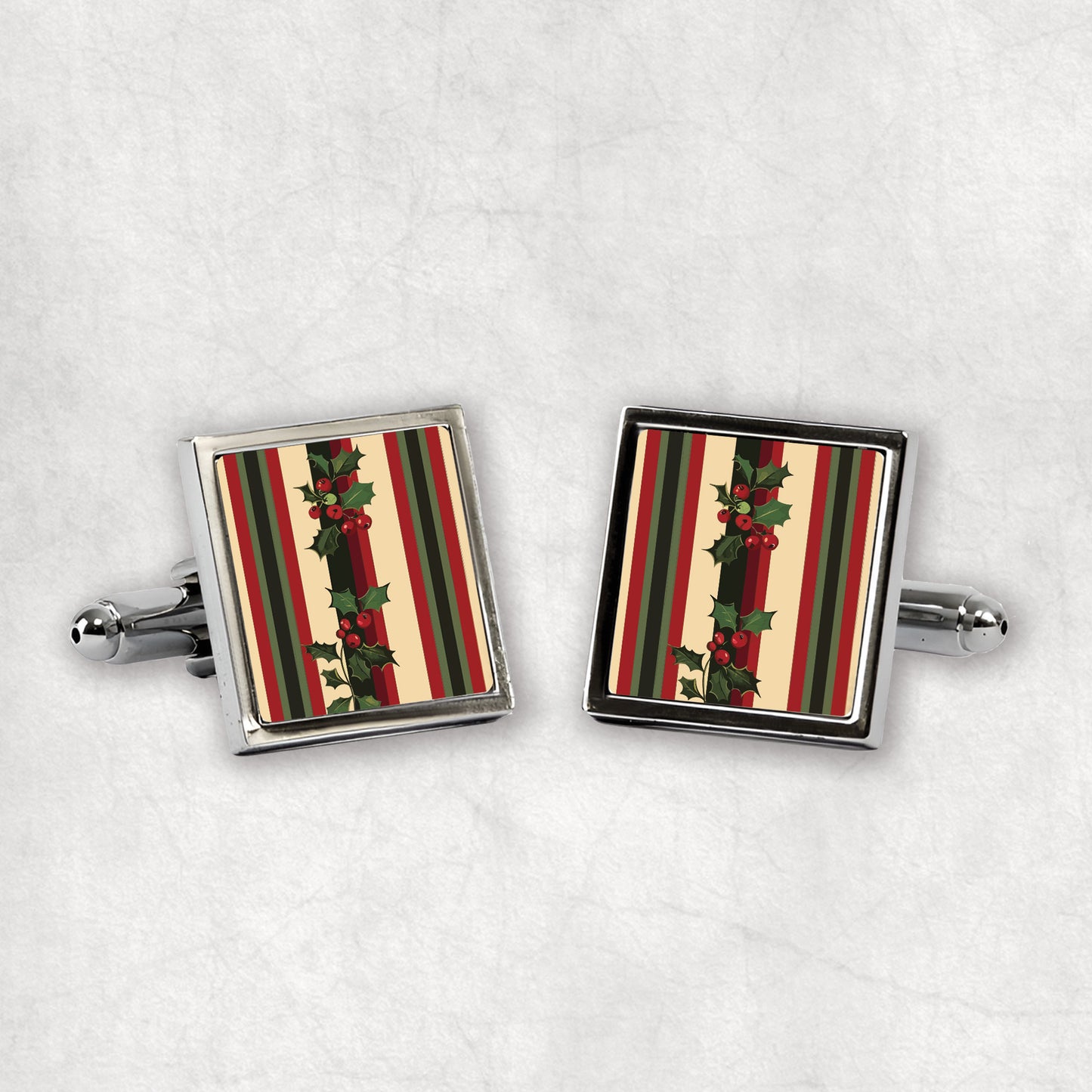 Square silver cufflinks with striped pattern and holly design 