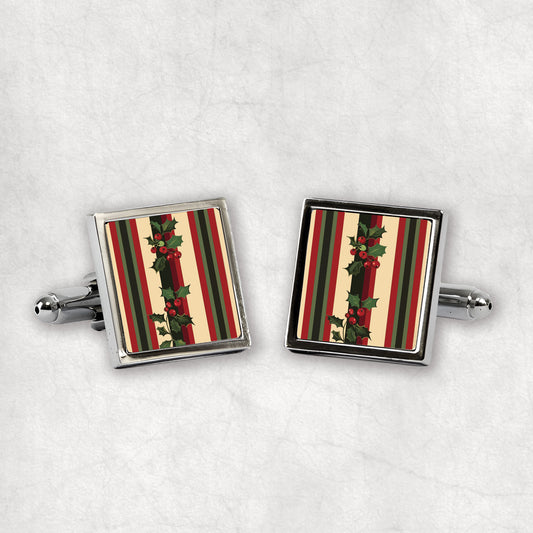 Square silver cufflinks with striped pattern and holly design 