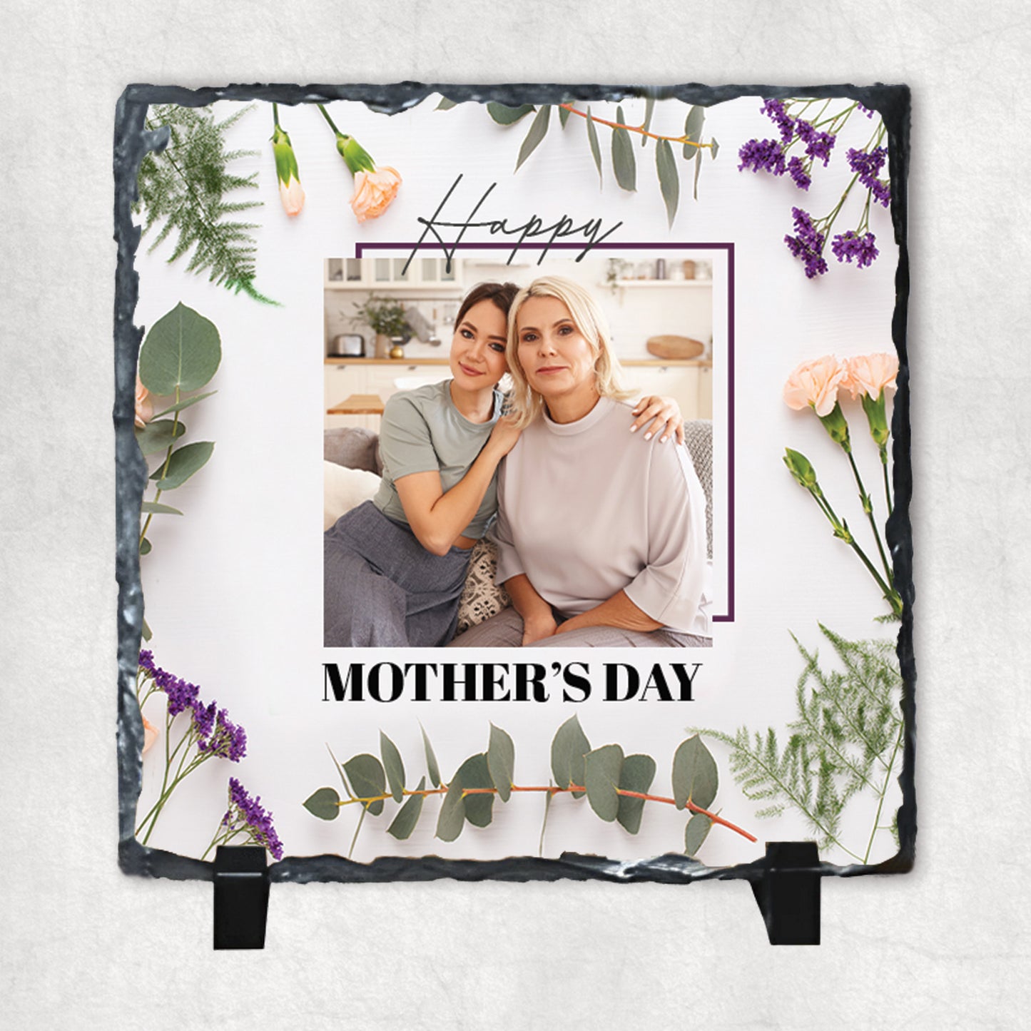 A personalized photo rock slate with a plants design border, and the text 'Happy Mother's Day'.