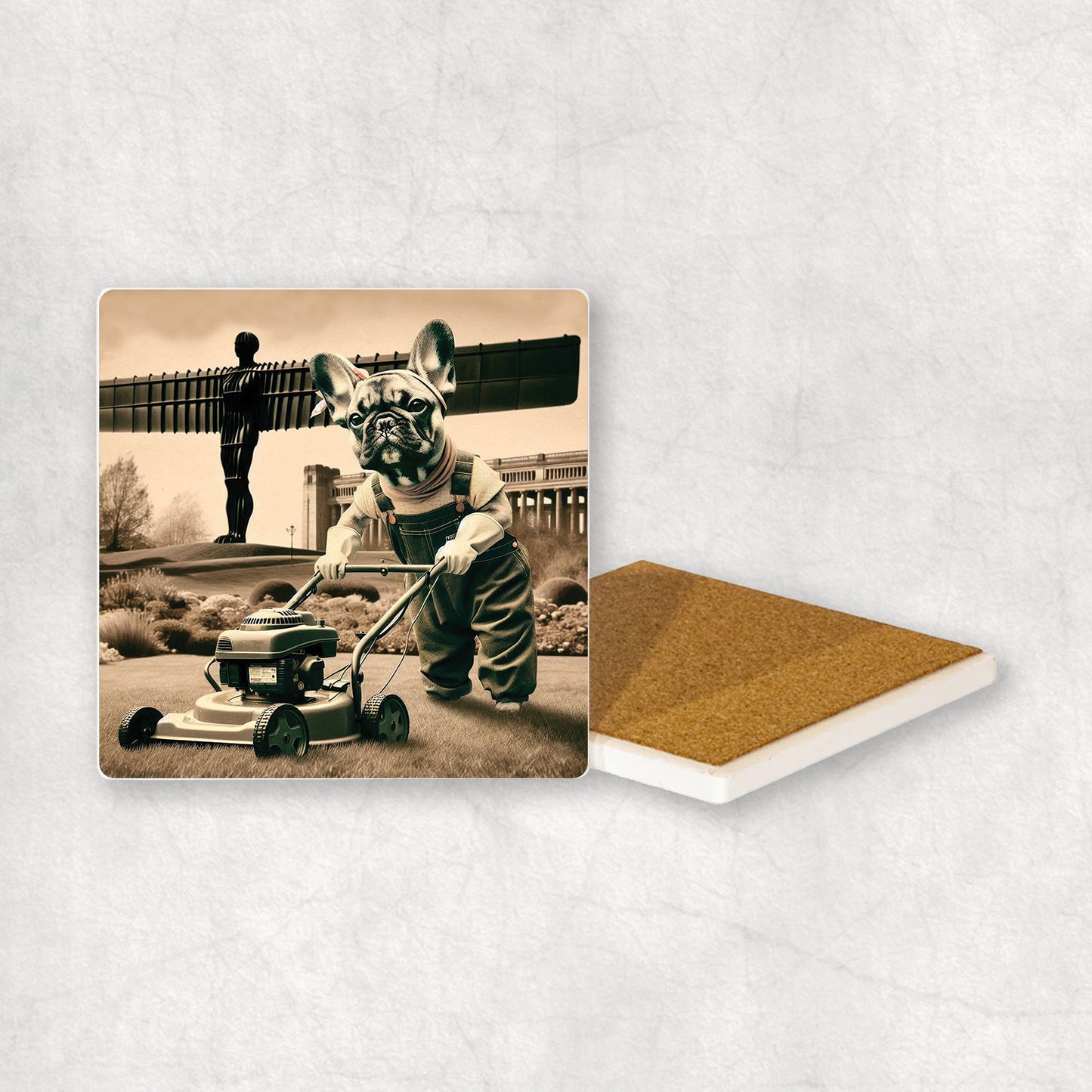 Ceramic coaster with a French Bulldog dog design, dressed as a gardener, mowing the grass with a lawnmower, with the Angel of the North in the background.