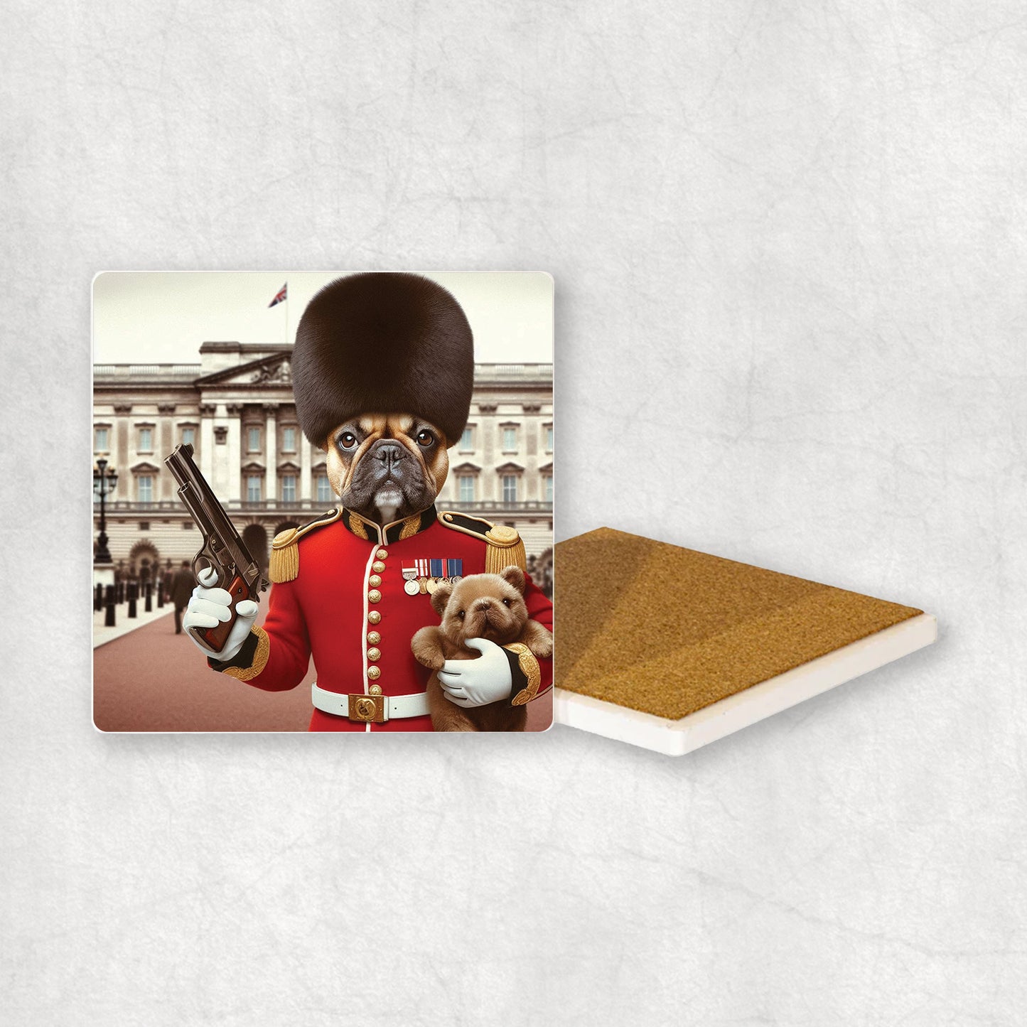 Ceramic Coaster gift with a French Bulldog dog design, wearing British guard costume, holding a gun and a teddy bear in its paws, with Buckingham Palace in the background. 