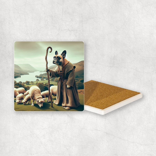 Ceramic Coaster gift with a French Bulldog dog design, looking like a shepherd, with sheep and the Lake District in the background.
