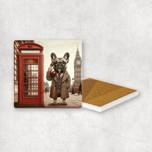 Ceramic coaster gift with a French Bulldog dog design, wearing a suit, talks on the phone in a red telephone booth in London with Big Ben in the background. 