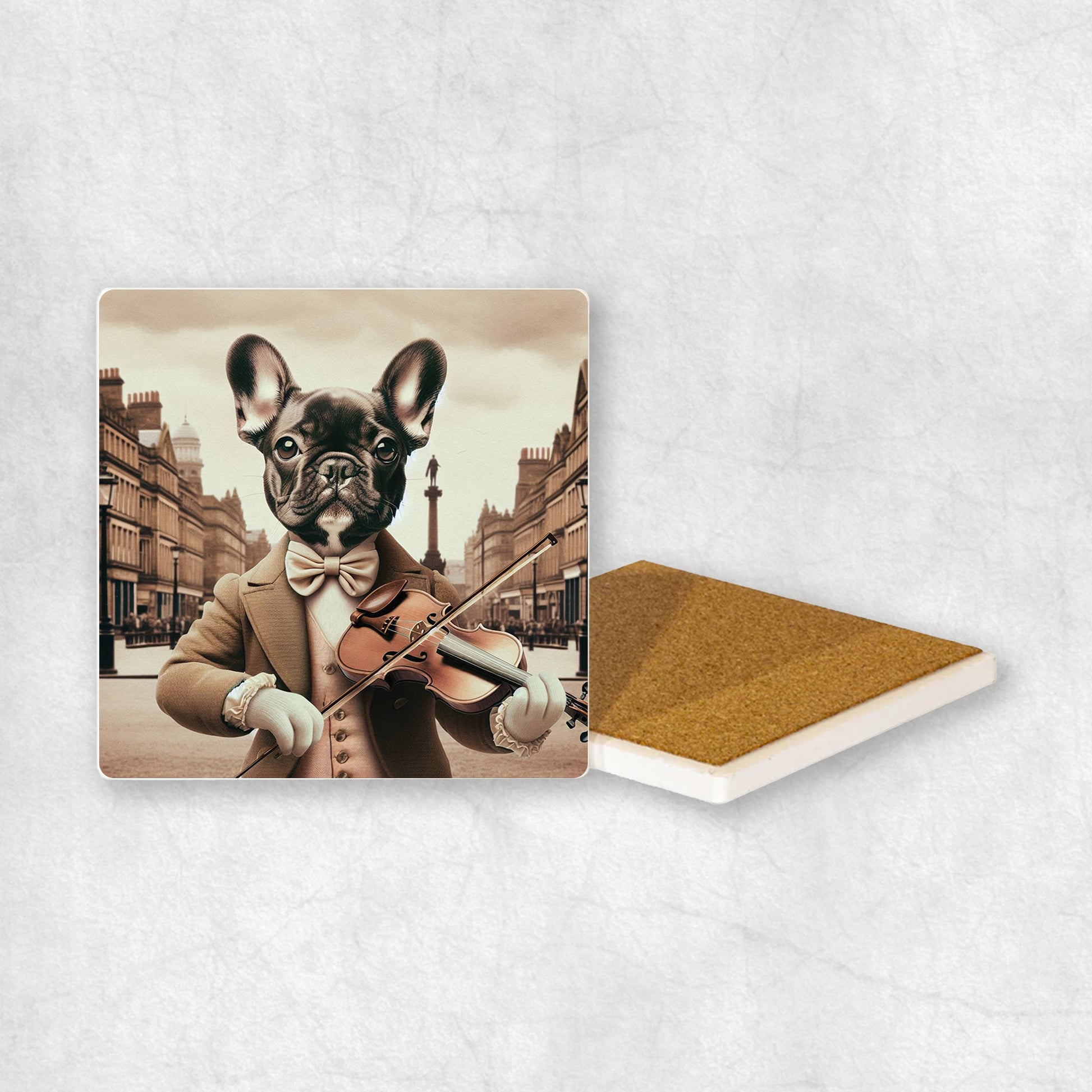 Ceramic coaster gift with a French Bulldog dog design, wearing a suit and a hat, playing the violin, with a beautiful city centre in the background.